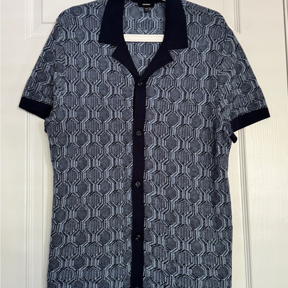 Men’s Blue Patterned Knit Cotton-Blend Short Sleeve Sweater Polo Medium